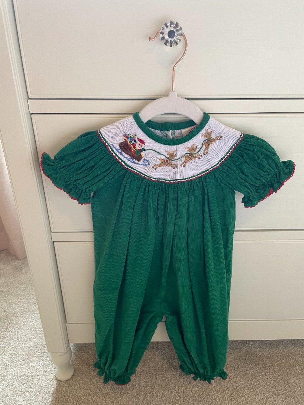 Southern Smocked Company Santa's Sleigh Smocked Green Long Romper Size 6 Months